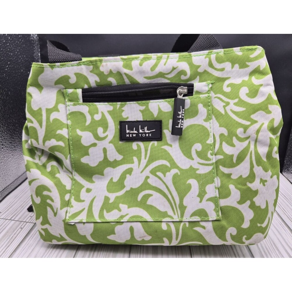 Nicole Miller Insulated Canvas Lunch Bag Green Damask Print Zippered Cooler Tote